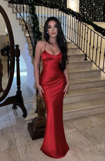 Mermaid Halter Red Backless Prom Dresses Long Party Dress SD2230 HZ0628